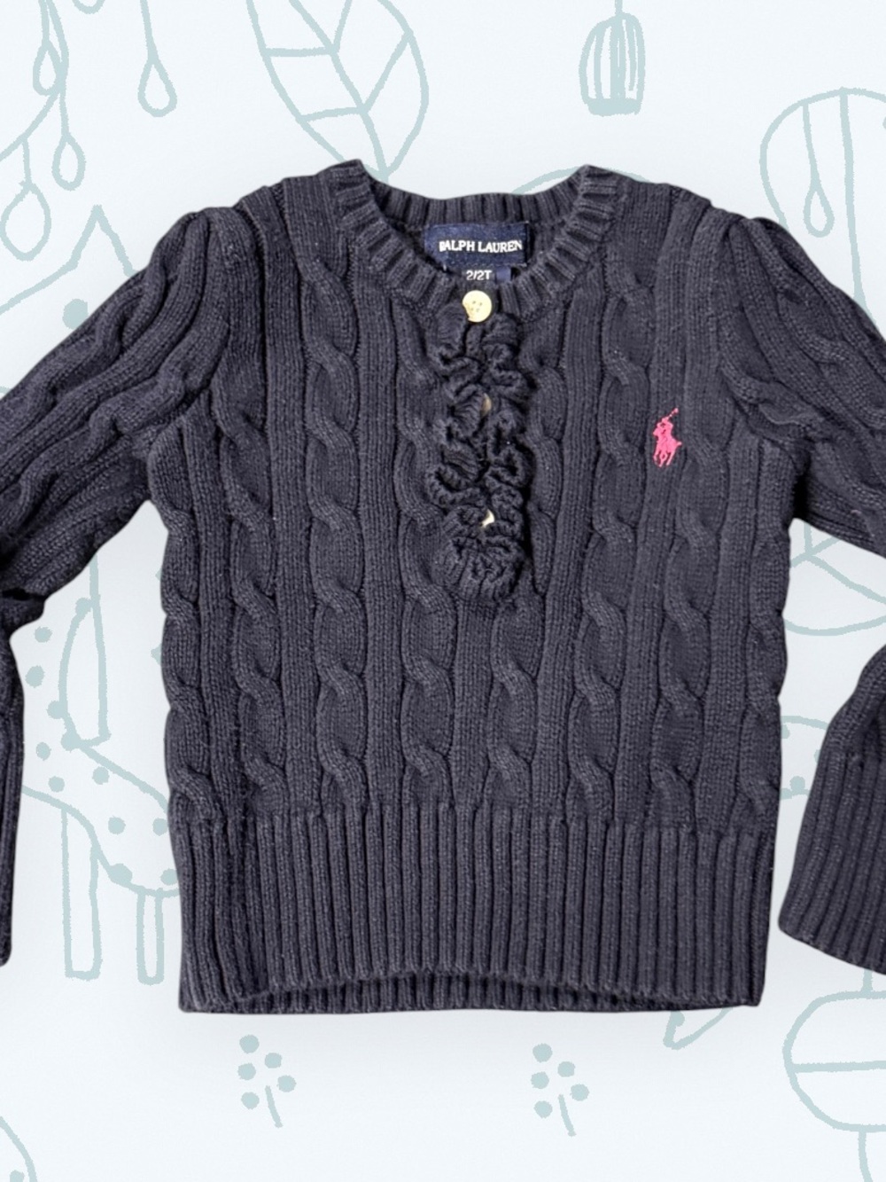 Ralph Lauren Dark Navy Cable Knit Sweater with Gold Button Accent